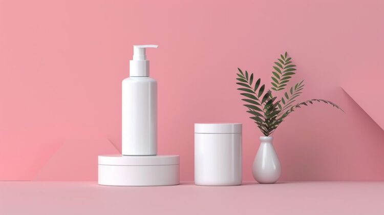 White cosmetic containers and small vase on a pink background showcasing modern design and simplicity.