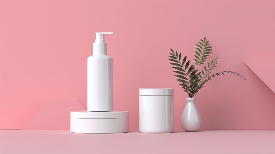 White cosmetic containers and small vase on a pink background showcasing modern design and simplicity.